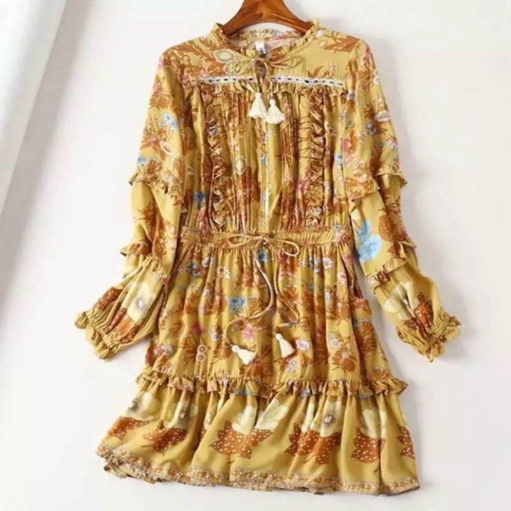 SOLD OUT Golden Floral Ruffle Boho Long Sleeve Dress - Picture 8 of 12